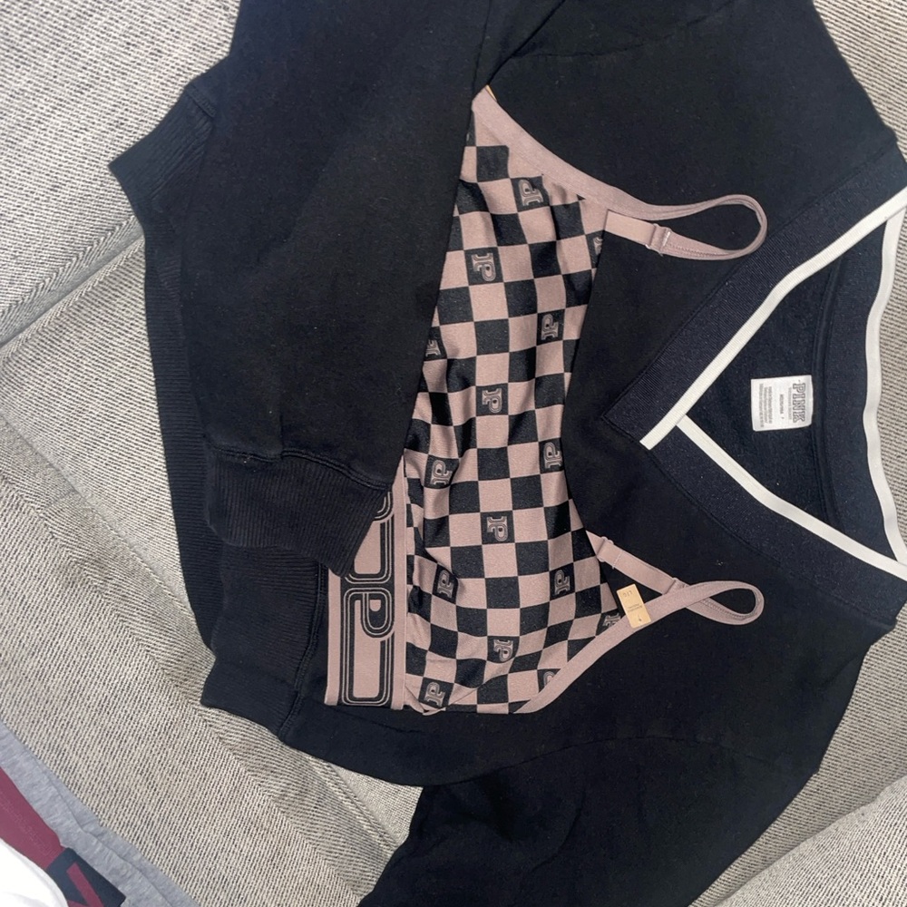 VS PINK 2 piece bundle - Brown Checkered sports bra with Black varsity pullover